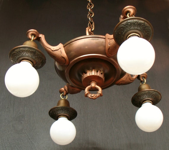 Antique Lighting Circa 1920 Original Finish Mixed Metal Four Light Bare Bulb Style Pan Fixture