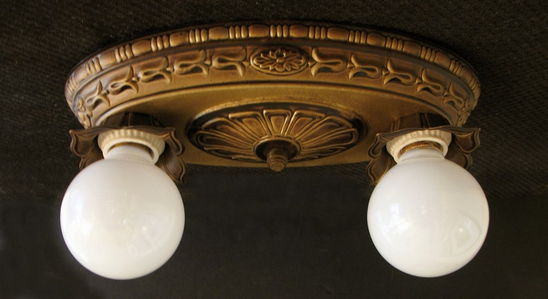 Antique Lighting Circa 1920 Pressed Brass Bare Bulb Style Ceiling Light Fixture
