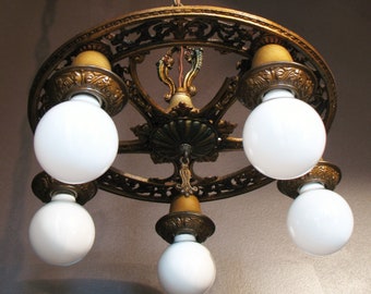Antique Lighting: Circa 1920 mixed metal bare bulb style chandelier