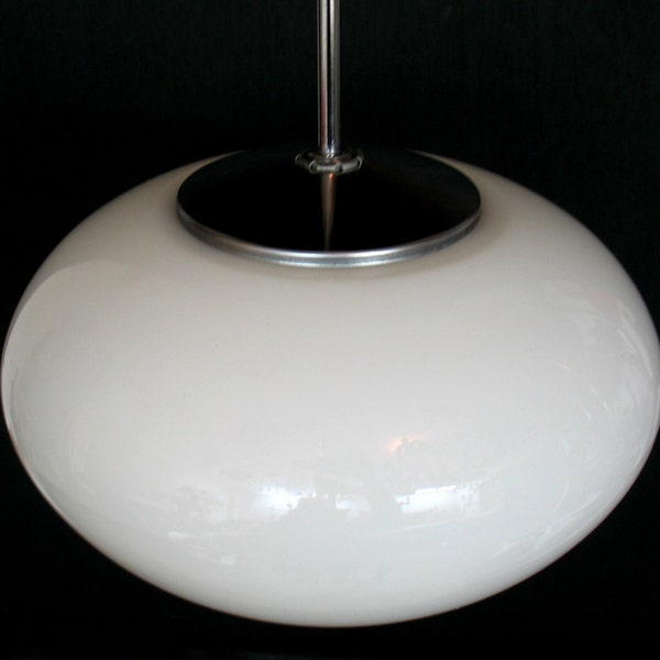 Vintage Lighting: 1950s  chrome and glass industrial pendant