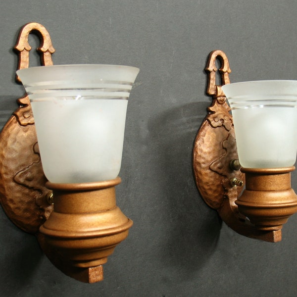 Antique Lighting: Set of TWO Cast Iron Wall Sconces with Slip-in Glass Shades