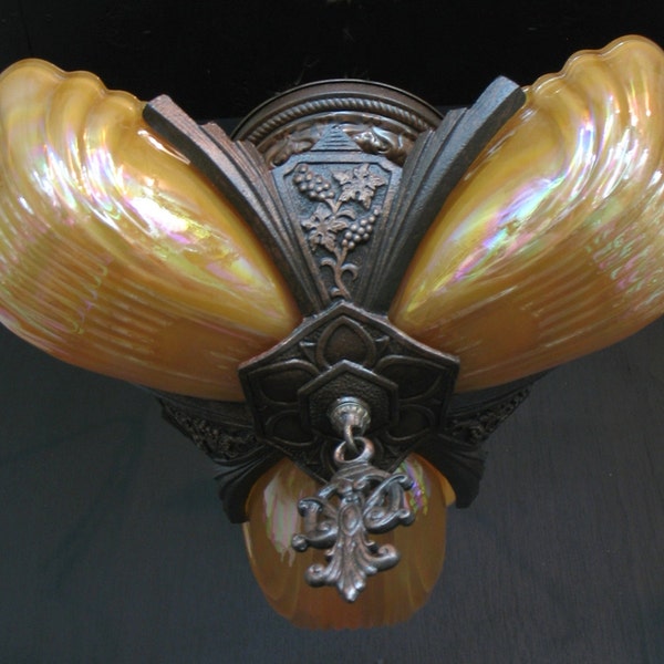 Antique Lighting: 1930s semi flush mount three light slip shade chandelier