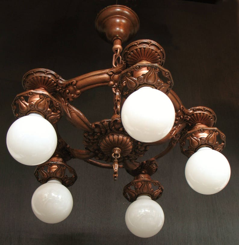 Antique Lighting 1920s Cast Iron Bare Bulb Style Chandelier Image 0