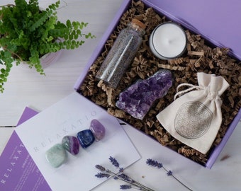 Crystals for Relaxation and Calm, Gift Set with Candle and Gemstones, Crystal for Wellbeing, Vegan Candle, Amethyst, Fluorite