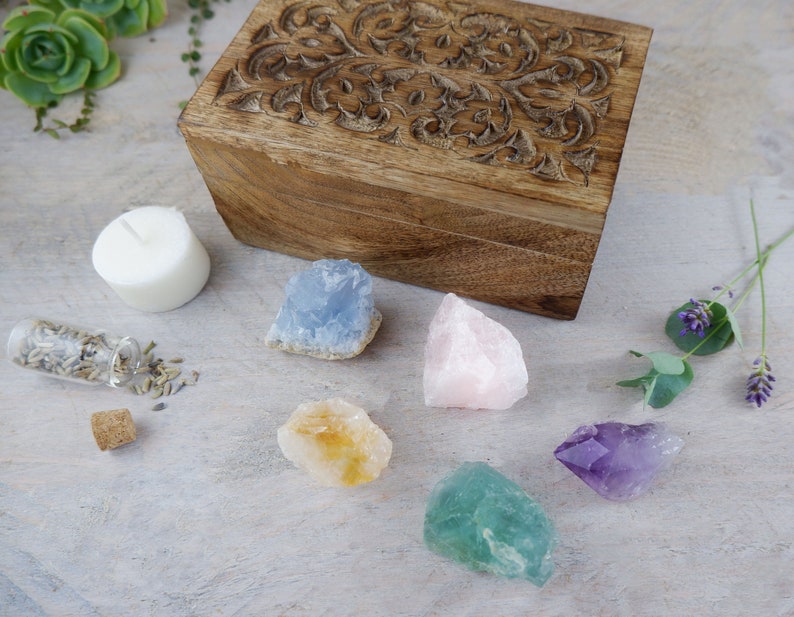 Healing Crystals Gift Set Carved Wooden Chest Treasure Etsy
