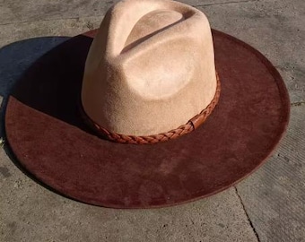 Customize Unisex Tan/Brown with Brown Leather Band Fedora Hat Design