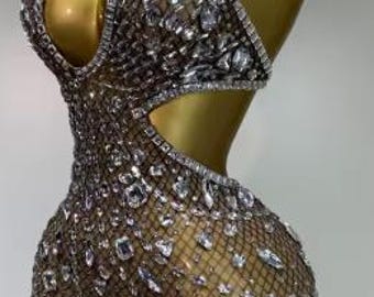 Customize Diamond Short Backless Sleeveless Mesh See Though Dress Design