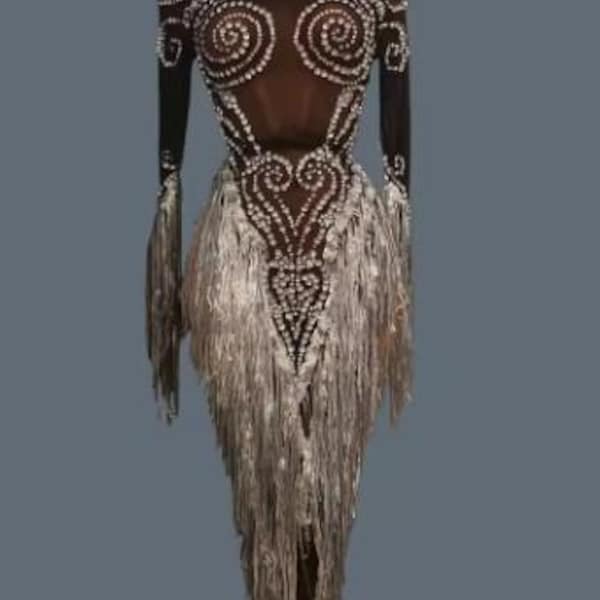 Customize Black/Silver Rhinestone Tassel Bodysuit Design