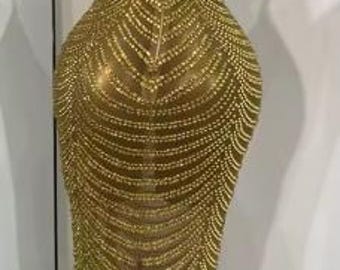 Customize Gold Rhinestone Mesh Maxi Long See Though Dress Design