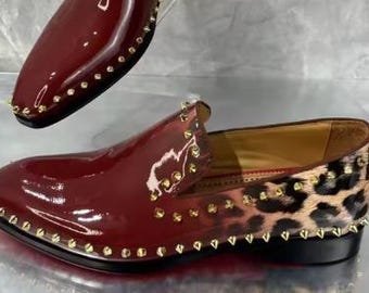 Customize Men Leopard Burgundy Leather Rivet Shoe Design