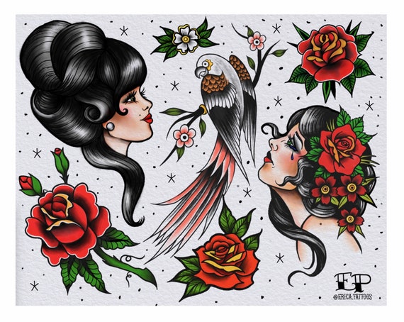 American Traditional Tattoo Flash Sheet Print Etsy