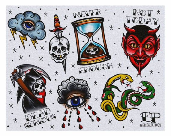 American Traditional Tattoo Flash Sheet Print Etsy