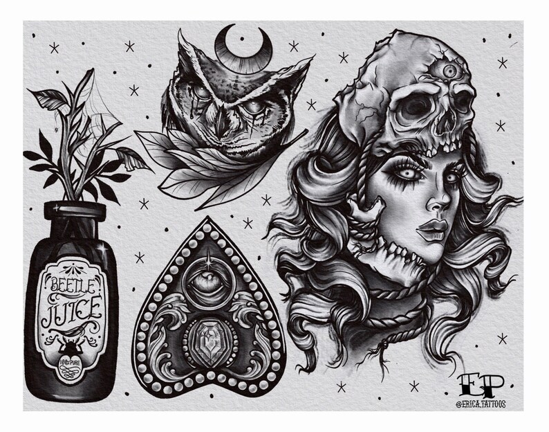 Creepy Tattoo Flash Sheet Print