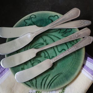 Puede incluir: Cuchillos de mantequilla plateados sobre un plato de cerámica verde con diseño floral. Los cuchillos tienen hojas redondeadas y mangos decorativos. Un paño a rayas moradas y amarillas se encuentra en el fondo. El plato mide unos 20 cm de diámetro.