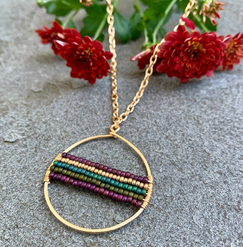 Gold Open Circle Pendant with Ombr\u00e9 Seed Bead Wrap