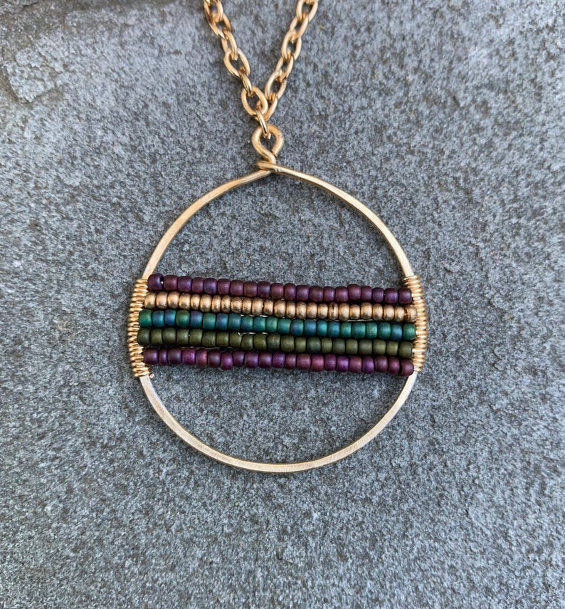Gold Open Circle Pendant with Ombr\u00e9 Seed Bead Wrap