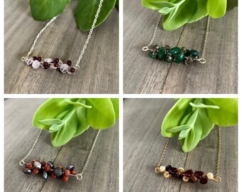 Bar Necklace with Stone Bead Wrap | Choose from Multiple Color Combinations including Emerald, Quartz, Garnet, Pearl, and Moonstone