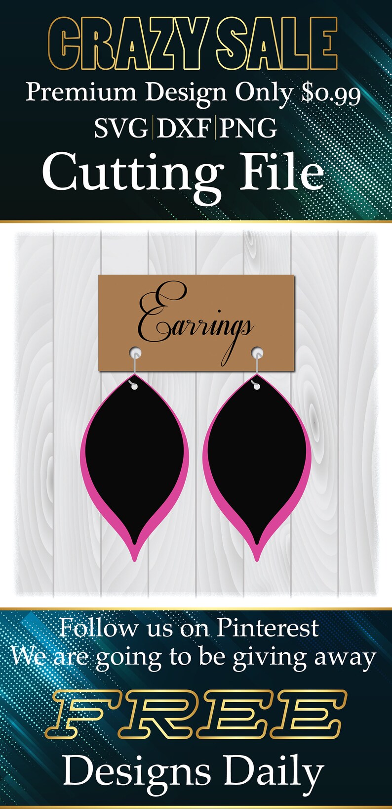 Pode incluir: Um par de brincos pretos e rosa com uma placa marrom que diz "Brincos". Os brincos t&ecirc;m a forma de uma l&aacute;grima com um contorno rosa. O fundo &eacute; um padr&atilde;o de madeira branca.