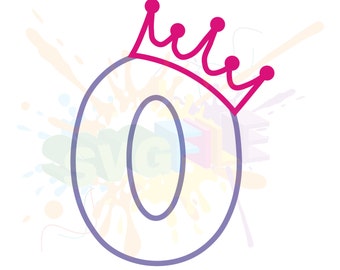 May include: A purple number zero with a pink crown on top. The number is surrounded by colorful paint splatters.