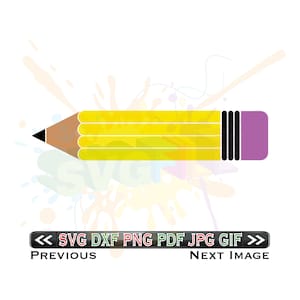 May include: A yellow pencil with a purple eraser and black stripes. The pencil is on a white background with colorful paint splatters.