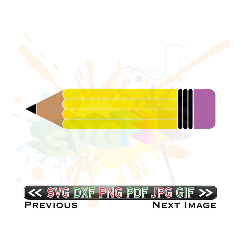 May include: A yellow pencil with a purple eraser and black stripes. The pencil is on a white background with colorful paint splatters.