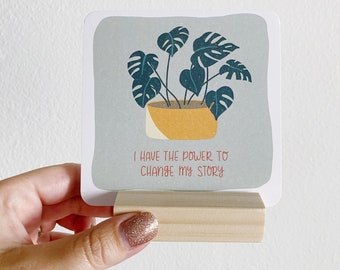 Motivational Houseplant Positive Affirmation Cards with Wooden Stand, Deck of 12 Inspirational Cards, Small Positive Messages For Your Desk