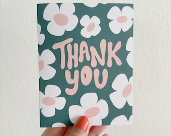 Floral Thank You Card: Retro Green and Pink Daisy Design