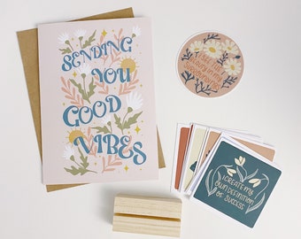 Positive Affirmation Gift Bundle: Floral Card Deck, Sticker, Greeting Card