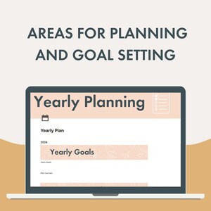 Peut inclure: Un ordinateur portable affiche un mod&egrave;le de "Planification Annuelle" avec des sections pour les objectifs et les plans annuels. Le texte "AREAS FOR PLANNING AND GOAL SETTING" est en haut. L'ordinateur est sur une surface marron clair.