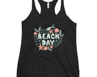 Beach Day Women's Black Racerback Tank, Mermaid Ocean Tank, Coastal Shirt