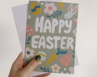 Floral Easter Greeting Card: Bunny and Eggs, Spring Holiday (Blank)