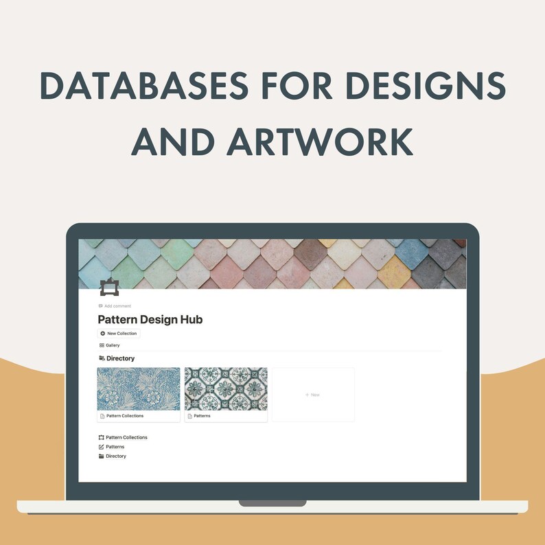 Peut inclure: Un ordinateur portable affiche une page web intitul&eacute;e "Pattern Design Hub". L'&eacute;cran montre un r&eacute;pertoire avec deux collections de motifs. Le texte "DATABASES FOR DESIGNS AND ARTWORK" est en haut de l'image. Le fond est de couleur beige clair.