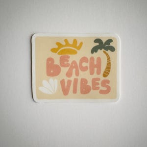 Beachy Vibes Vinyl Sticker – Palm Tree, Sun, and Shell, Sticker for Laptop, Coastal Sticker, Sticker for Surfer, Water Bottle Sticker