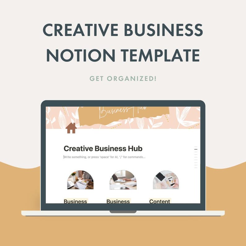Peut inclure: Un ordinateur portable affichant un "Creative Business Notion Template" avec le texte "Creative Business Hub". L'&eacute;cran montre trois sections intitul&eacute;es "Business" et "Content". L'arri&egrave;re-plan est de couleur p&ecirc;che clair avec des motifs floraux.
