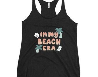 In My Beach Era Black Women's Racerback Tank, Beach Day Shirt, Summer Tank Top, Palm Tree Vacation Shirt