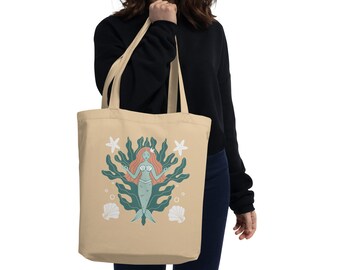 Zen Mermaid Organic Cotton Tote Bag: Coastal Beach Bag