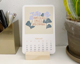 Motivational Floral Calendar Cards 2024, 2024 Desk Calendar with Wooden Stand, Motivational Desk Decor, Monthly Flower Desk Calendar Small