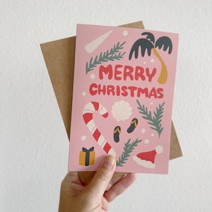Cartão de Natal Costeiro, Cartão de Saudação de Férias na Praia, Cartão em Branco, Cartão de Saudação Rosa