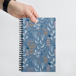 Blue Floral Patterned Spiral Notebook, Dot Grid Journal, Small Notebook