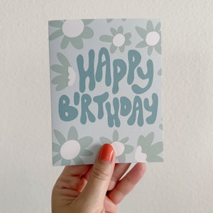 Cartão de aniversário retrô floral, cartão de felicitações de flores Boho, cartão A2 azul bonito