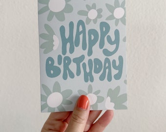 Floral Retro Birthday Card: Pretty Blue A2 Greeting