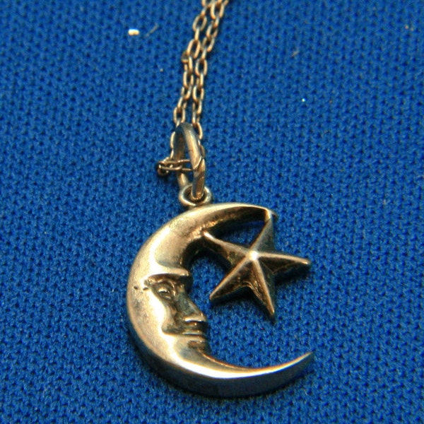 Vintage Sterling Silver Man in the Moon and Star Pendant Necklace