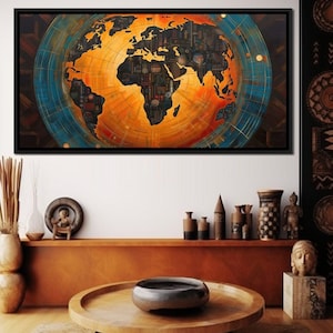 Afrikaanse wereldbol - Sakeem Gibbs: wereldkaartkunst | Oranjegeel decor met meerdere panelen | Afrikaanse hedendaagse muurkunst van NICHECANVAS