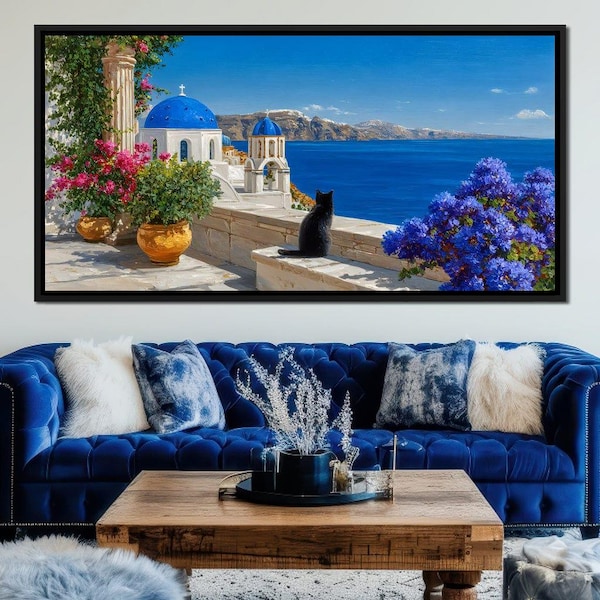 Santorini Blue Domes Cat Escape: kunst voor woondecoratie aan de kust | Grieks eilandtafereel | Canvasschilderij oceaanzicht door NICHECANVAS