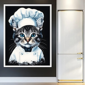 Chef Feline in Snowy Whites: Whimsical Cat Portrait | Cute Home Decor | Funny Kitchen Art | Pet Lover Gift by NICHECANVAS