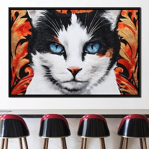 Enchanted Blue Eyed Cat Stare: Mystical Feline Art | Vibrant Home Decor | Unique Cat Lover Gift | Abstract Wall Art by NICHECANVAS