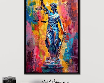 Justice Amongst Colors Reign: Vrouwe Justitia-muurkunst | Kleurrijk woondecoratie | Levendig modern statementstuk van NICHECANVAS