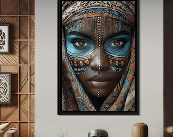 Tribal Beauty onthuld: etnische portretkunst aan de muur | Decor in Afrikaanse stijl | Modern tribal, boho woondecoratie | Blauwe schmink van NICHECANVAS