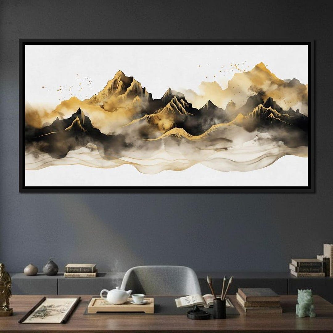 Golden Misty Peaks Panorama | Abstract Landscape Wall Art | Mountain ...