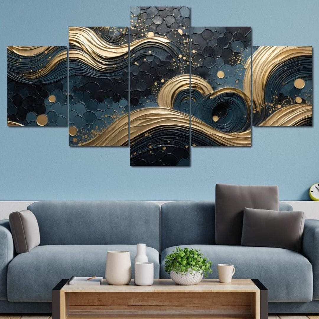 Golden Waves in Abstract Realism | Modern Ocean Theme Wall Art | Gold ...